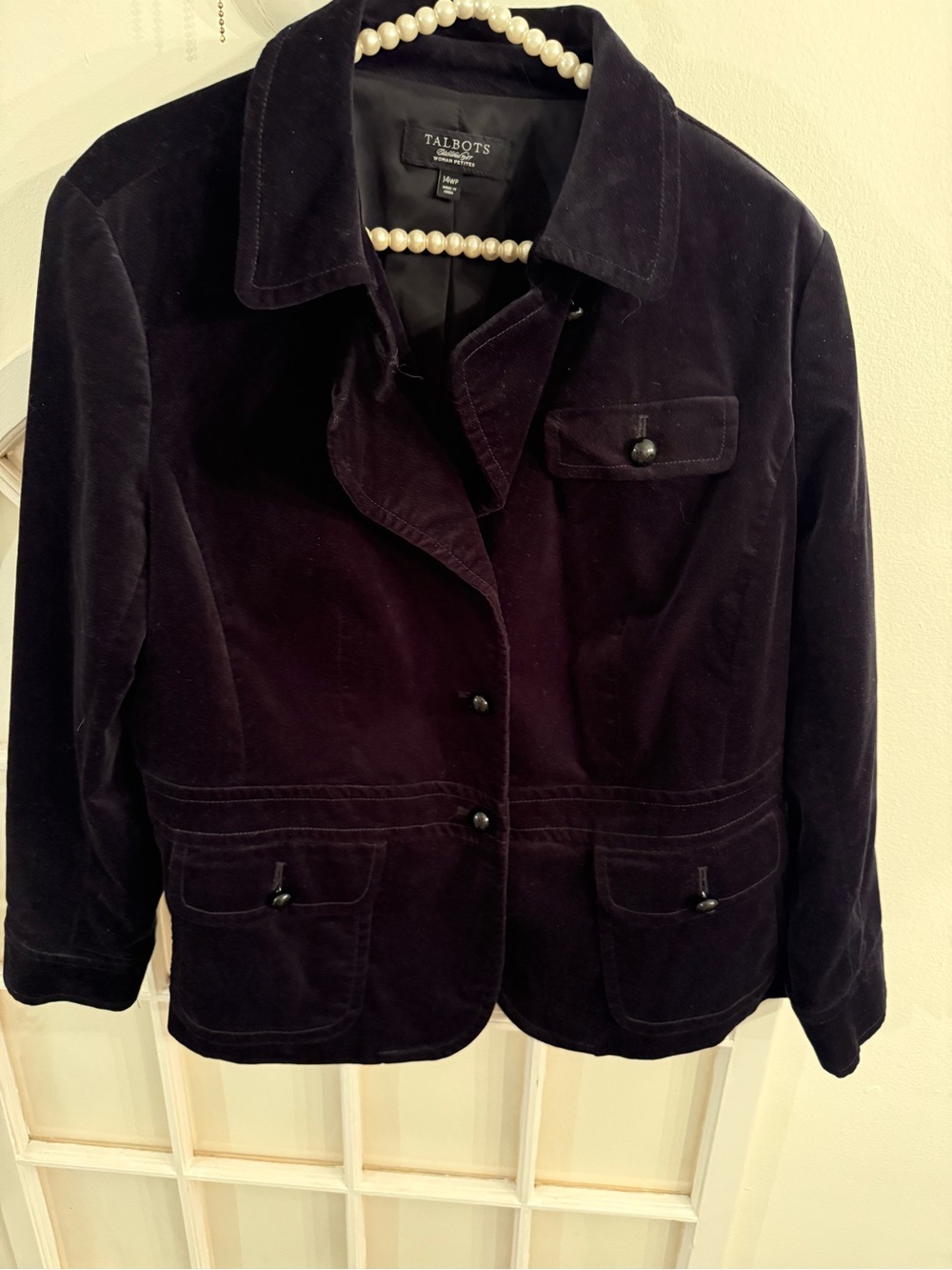 Talbots Women Petites 14 Black Velvet Button Front Blazer Jacket Utility Pocket - Picture 7 of 14